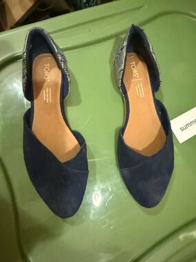 TOMS Navy Suede D'Orsay Flats with Patterned Heel